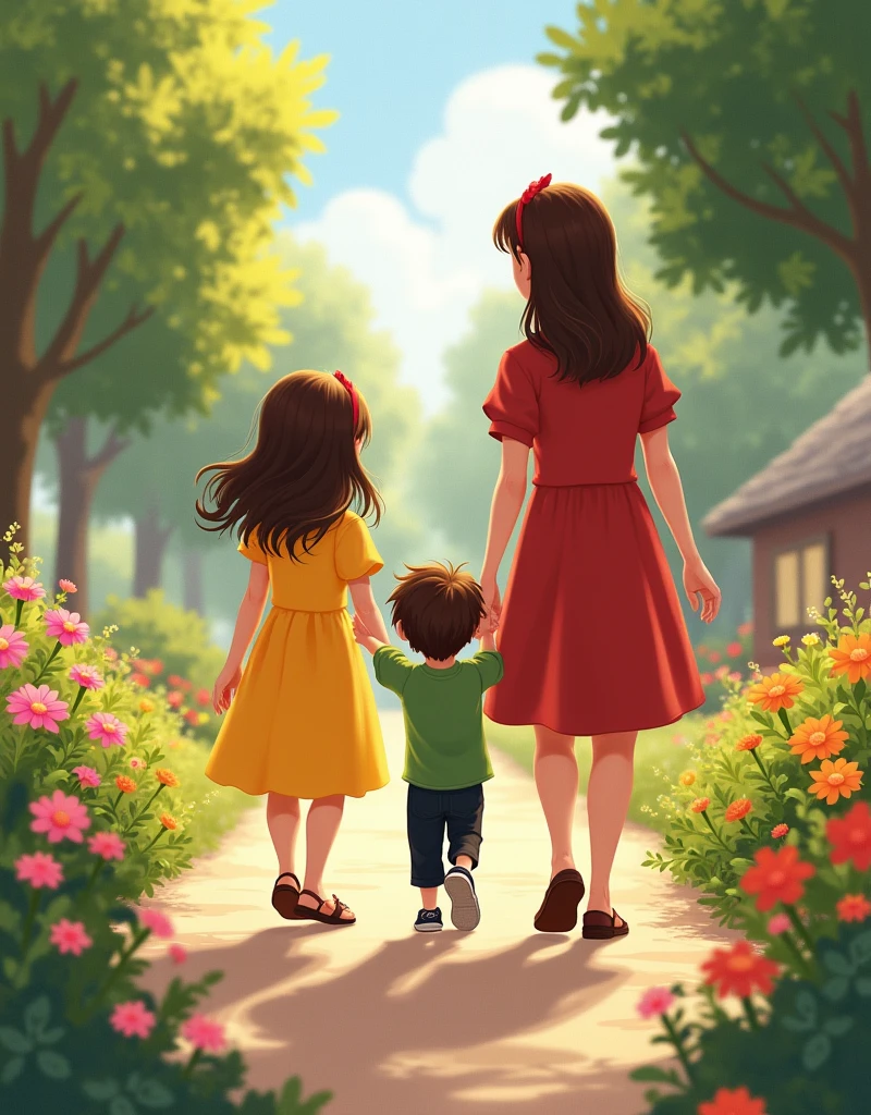 A girl in a yellow dress, loose brown hair, lazo rojo en la cabeza y sandals café, and a five-year-old boy in black pants, Green shirt, brown hair and black tennis shoes, holding the mother&#39;s hand in a red dress, sandals, loose brown hair, They walk towards a path that leads to their house surrounded by trees and with many colorful flowers, pink, abodes, orange and green around.