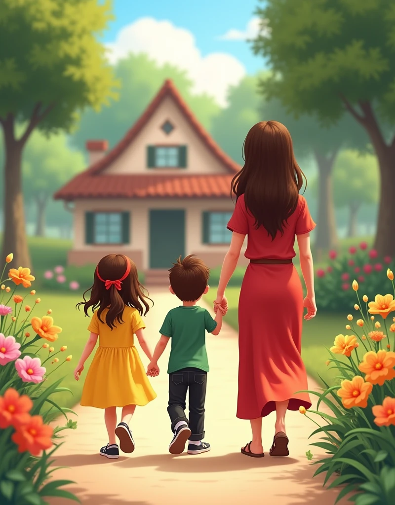 A girl in a yellow dress, loose brown hair, lazo rojo en la cabeza y sandals café, and a five-year-old boy in black pants, Green shirt, brown hair and black tennis shoes, holding the mother's hand in a red dress, sandals, loose brown hair, They walk towards a path that leads to their house surrounded by trees and with many colorful flowers, pink, abodes, orange and green around.