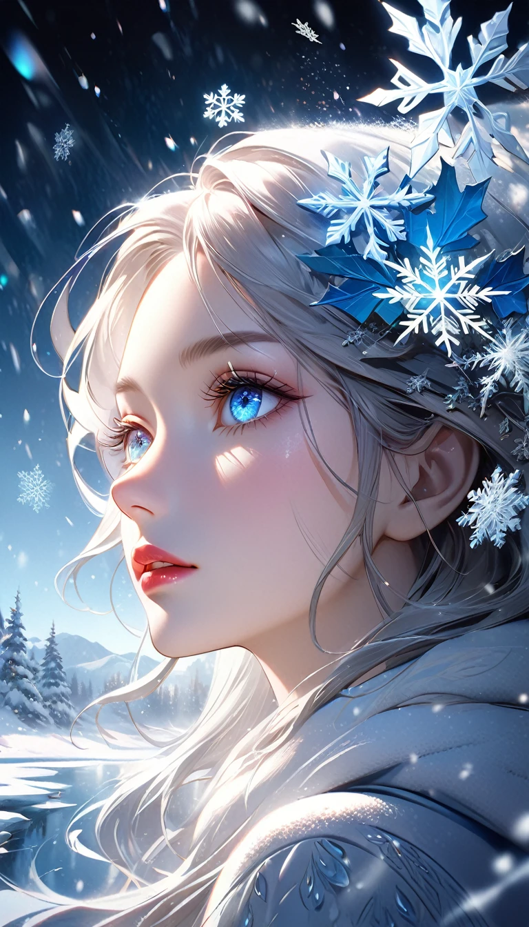 snowy landscape, dark canvas, Transparent sparkling snowflakes falling, Transparent holographic reflection, A surreal landscape made of snowflakes, Leaves viewers speechless, A beautiful world, 1 woman, detailed eyes, detailed lips, very detailed face, long eyelashes, Beautiful and detailed portraits, elegant, tranquil expression, winter, high quality, 8k, realistic, surrealist, studio lighting, Physically Based Rendering, vivid colors, movie lights, dramatic lighting, soft lighting, dramatic contrast, Glowing snowflakes, icy, winter 왕국, cold, clear, ethereal, dreamlike, mysterious, magical, fancy, concept art