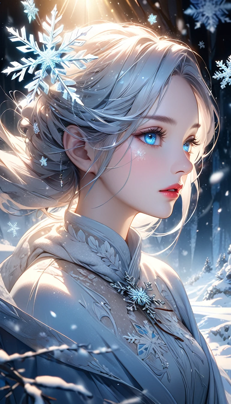 snowy landscape, dark canvas, Transparent sparkling snowflakes falling, Transparent holographic reflection, A surreal landscape made of snowflakes, Leaves viewers speechless, A beautiful world, 1 woman, detailed eyes, detailed lips, very detailed face, long eyelashes, Beautiful and detailed portraits, elegant, tranquil expression, winter, high quality, 8k, realistic, surrealist, studio lighting, Physically Based Rendering, vivid colors, movie lights, dramatic lighting, soft lighting, dramatic contrast, Glowing snowflakes, icy, winter 왕국, cold, clear, ethereal, dreamlike, mysterious, magical, fancy, concept art