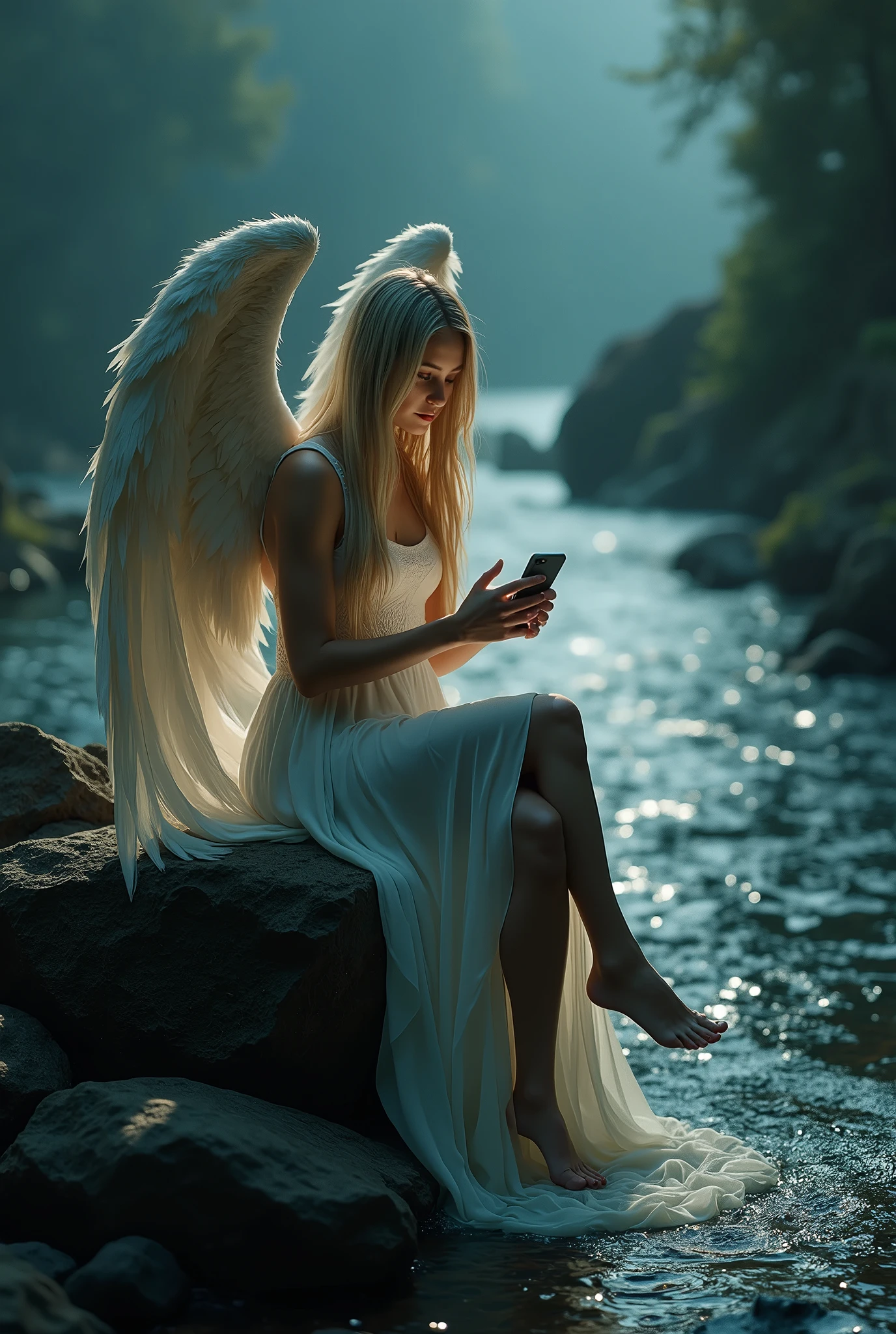 A captivating hiperealistic gothic atmosphere featuring a beautiful angel with very imposing wings closed over her head, long straight blonde hair, very long legs. Her strikingly clear eyes and gorgeous lips reflect an ethereal quality as she sits on a rugged rock by a serene river, the long veils of his dress falling from his legs until he dives into the water carried by the current. The scene is illuminated solely by the soft glow of her iPhone, casting a mystical light that highlights her delicate features and the surrounding dark, moody landscape. The river glimmers subtly in the background, enhancing the enchanting yet melancholic, (((view in front of her)))