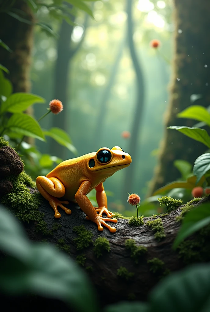 a beautiful rainforest, lush greenery, foggy environment, a golden poison dart frog, detailed frog, detailed frog eyes, detailed frog tongue, shiny bug, sunlight shining through high leaves, detailed leaves, detailed trees, (best quality,4k,8k,highres,masterpiece:1.2),ultra-detailed,(realistic,photorealistic,photo-realistic:1.37),vibrant colors,natural lighting,lush foliage,highly detailed wildlife,wildlife photography
