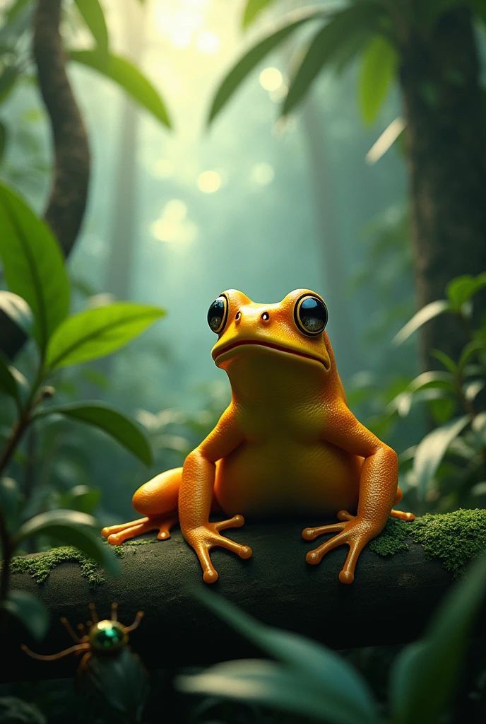 a beautiful rainforest, lush greenery, foggy environment, a golden poison dart frog, detailed frog, detailed frog eyes, detailed frog tongue, shiny bug, sunlight shining through high leaves, detailed leaves, detailed trees, (best quality,4k,8k,highres,masterpiece:1.2),ultra-detailed,(realistic,photorealistic,photo-realistic:1.37),vibrant colors,natural lighting,lush foliage,highly detailed wildlife,wildlife photography