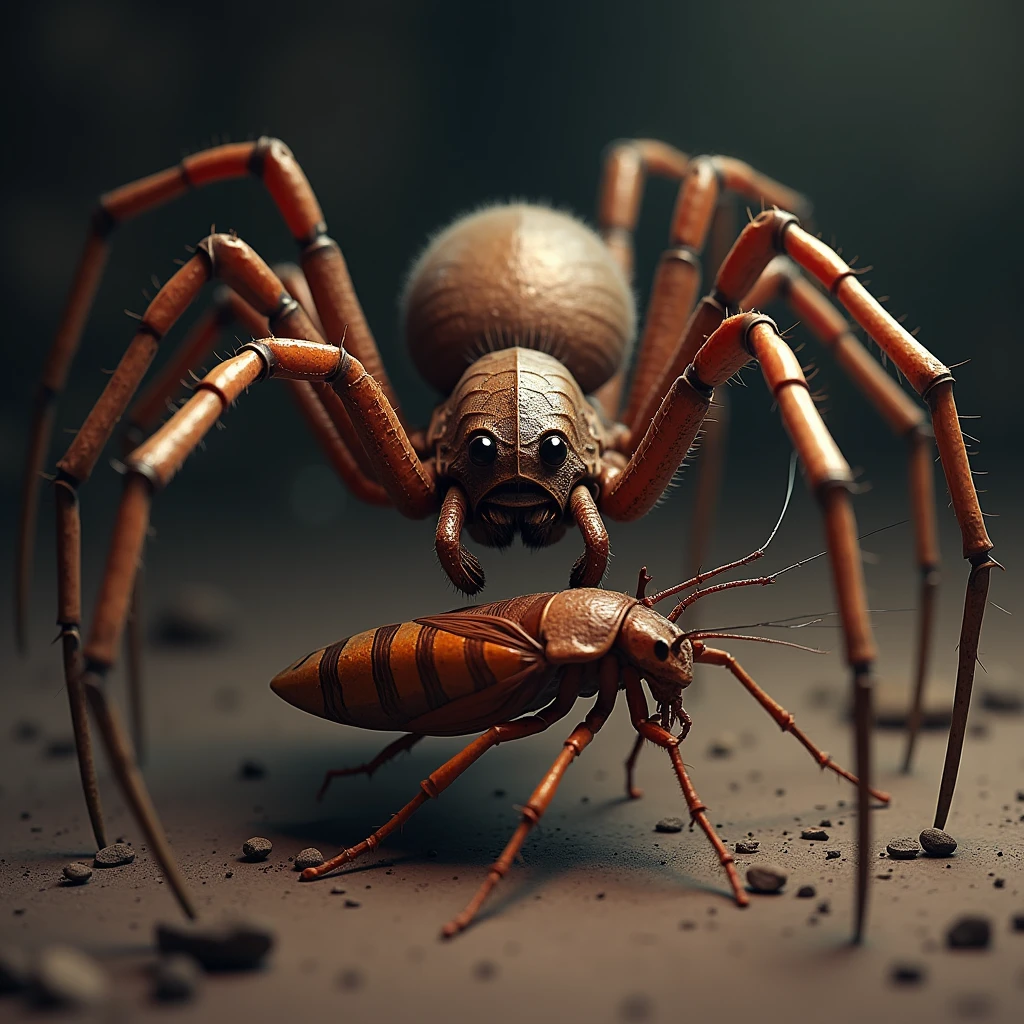 3d、Ultra HD、Side view、Digital Art、A huntsman spider captures a cockroach by wrapping all of its legs around it.