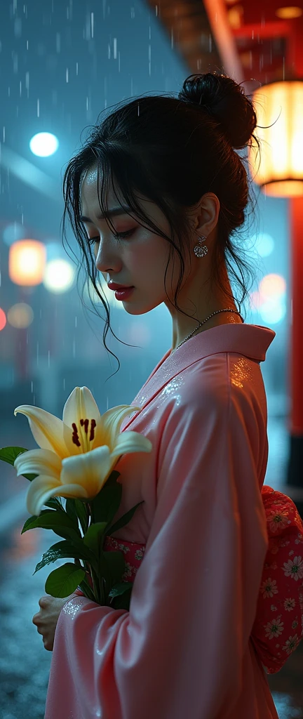 (32K:1.9, Highest quality, masterpiece, Ultra-high resolution), ((((heavy snow, Blizzard)))), Highly detailed skin and facial textures:1.3, Perfect dynamic composition:1.2, (Shrine at night in a modern city, Expressions of sadness:1.0, Tears flow:1.0, Crying with a broken heart:1.0), Slim office lady wet with rain:1.3, Cowboy Shot, Fair skin:1.2, Sexy beauty:1.1, Perfect Style:1.2, beautifully、aesthetic:1.1, Very beautiful face:1.2, Water droplets on the skin, (Rain dripping down on my body:1.2, Wet body:1.2, Wet Hair:1.3), (Professional kimono dressing:1.1, Holding a bouquet of wet lilies:1.2, Wearing a wet pink kimono correctly:1.3), (Mid-chest, Bra is sheer, Chest gap),  (Beautiful erotic eyes:0.9, Too erotic:0.9, Fascinating:0.9), necklace, Earrings, bracelet, wedding ring, Highly detailed hands and fingers