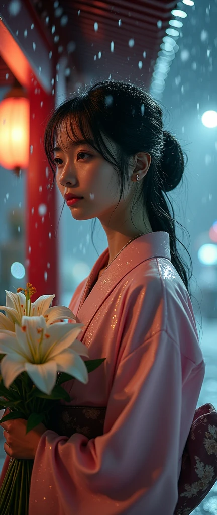 (32K:1.9, Highest quality, masterpiece, Ultra-high resolution), ((((heavy snow, Blizzard)))), Highly detailed skin and facial textures:1.3, Perfect dynamic composition:1.2, (Shrine at night in a modern city, Expressions of sadness:1.0, Tears flow:1.0, Crying with a broken heart:1.0), Slim office lady wet with rain:1.3, Cowboy Shot, Fair skin:1.2, Sexy beauty:1.1, Perfect Style:1.2, beautifully、aesthetic:1.1, Very beautiful face:1.2, Water droplets on the skin, (Rain dripping down on my body:1.2, Wet body:1.2, Wet Hair:1.3), (Professional kimono dressing:1.1, Holding a bouquet of wet lilies:1.2, Wearing a wet pink kimono correctly:1.3), (Mid-chest, Bra is sheer, Chest gap), (Beautiful erotic eyes:0.9, Too erotic:0.9, Fascinating:0.9), necklace, Earrings, bracelet, wedding ring, Highly detailed hands and fingers