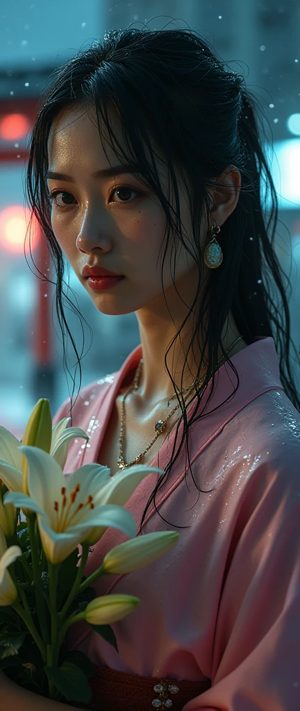 (32K:1.9, Highest quality, masterpiece, Ultra-high resolution), ((((heavy snow, Blizzard)))), Highly detailed skin and facial textures:1.3, Perfect dynamic composition:1.2, (Shrine at night in a modern city, Expressions of sadness:1.0, Tears flow:1.0, Crying with a broken heart:1.0), Slim office lady wet with rain:1.3, Cowboy Shot, Fair skin:1.2, Sexy beauty:1.1, Perfect Style:1.2, beautifully、aesthetic:1.1, Very beautiful face:1.2, Water droplets on the skin, (Rain dripping down on my body:1.2, Wet body:1.2, Wet Hair:1.3), (Professional kimono dressing:1.1, Holding a bouquet of wet lilies:1.2, Wearing a wet pink kimono correctly:1.3), (Mid-chest, Bra is sheer, Chest gap),  (Beautiful erotic eyes:0.9, Too erotic:0.9, Fascinating:0.9), necklace, Earrings, bracelet, wedding ring, Highly detailed hands and fingers