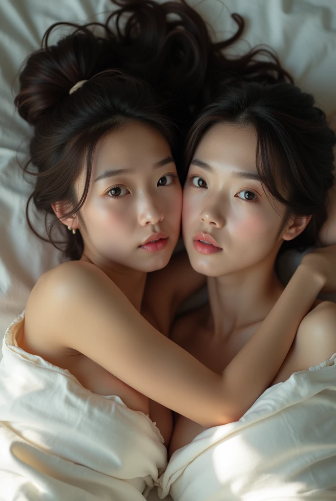 actual photo, 2 Japanese women, nude, Lying in bed，, Detailed face and body, Natural light, High resolution, photoactual, (best quality,8k,High resolution,masterpiece:1.2),Very detailed,(actual,photoactual,photo-actual:1.37),actual skin texture,Exquisite eyes and lips,Delicate face,Long eyelashes,Smooth skin,natural body shape