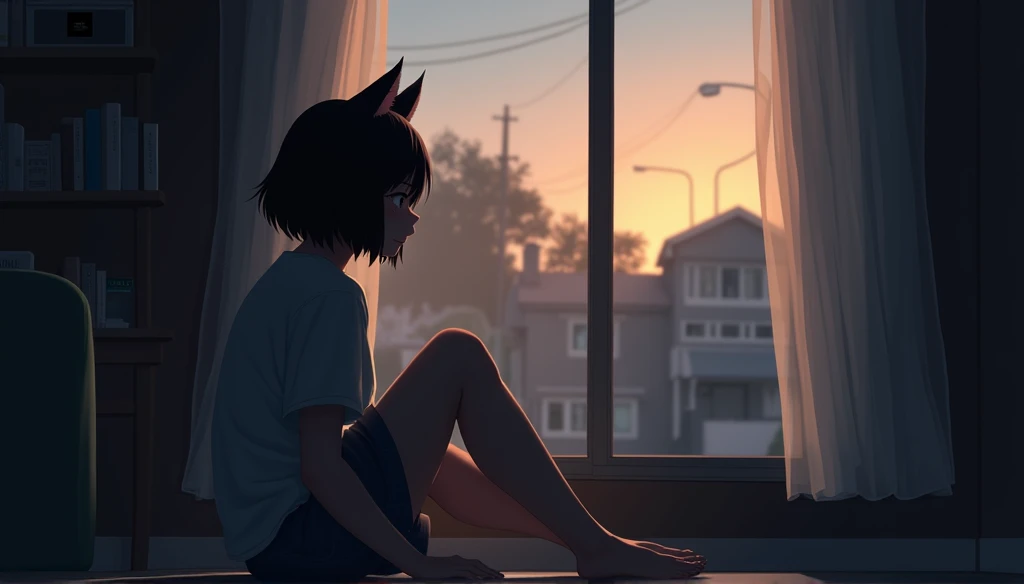 Quiet residential area at dusk。From the window of Yuri&#39;s house、A pale orange light shines through。The room of the beautiful girl with short black hair and cat ears is dimly lit.、There is a beautiful girl with short black hair and cat ears gazing out the window.。