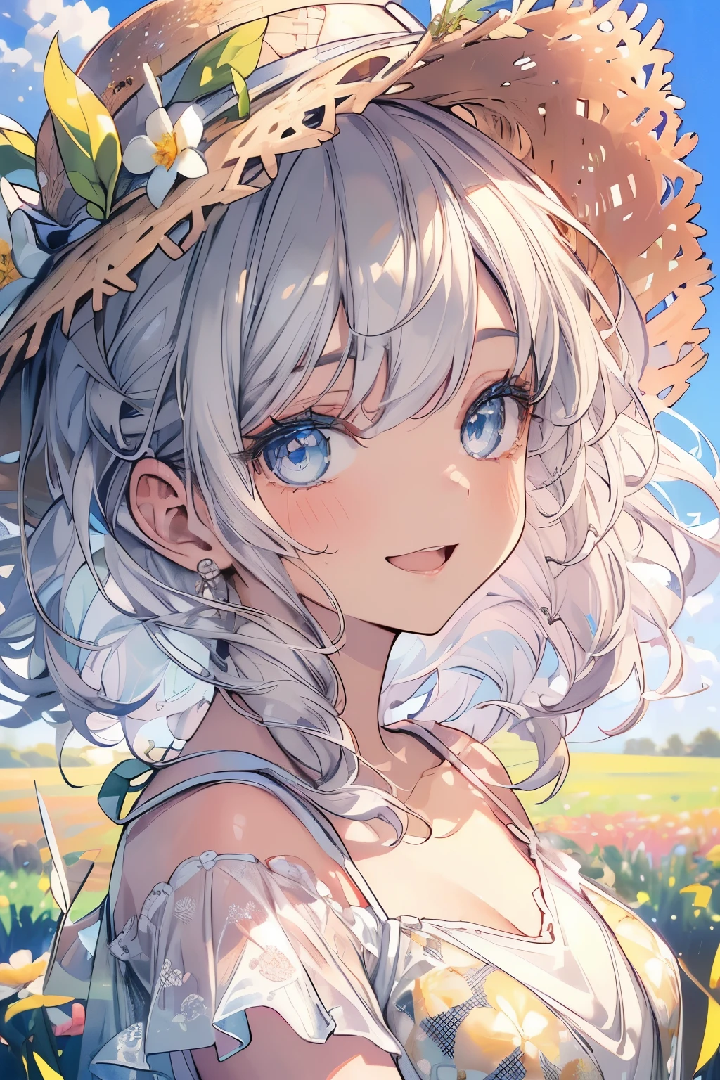 (Best quality,4K,8K,High resolution,Masterpiece:1.2),Super detailed,(Actual, Realistic),highly detailed, top quality, soft skin,Portrait,
break,
((clear blue eyes:1.2)),smiling eyes,beautiful eyelashes,beautiful lower eyelashes,
break,
((Beautiful and shiny silver hair:1.3)),A dazzling smile, a bursting smile, an open mouth laugh,
break,
very happily,
break,
((camisole dress,patterned t-shirt:1.3)),flowered straw hat,
break,
((Meadow where the wind blows:1.3))