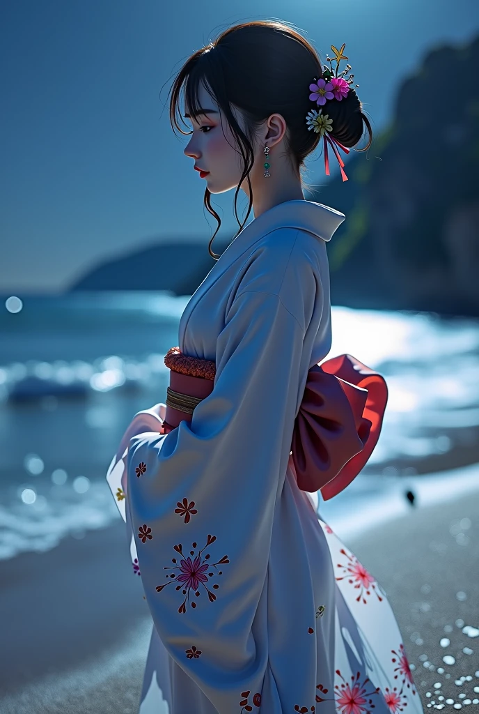 Beautiful woman, teenager, wearing Yukata, in the night, on the beech