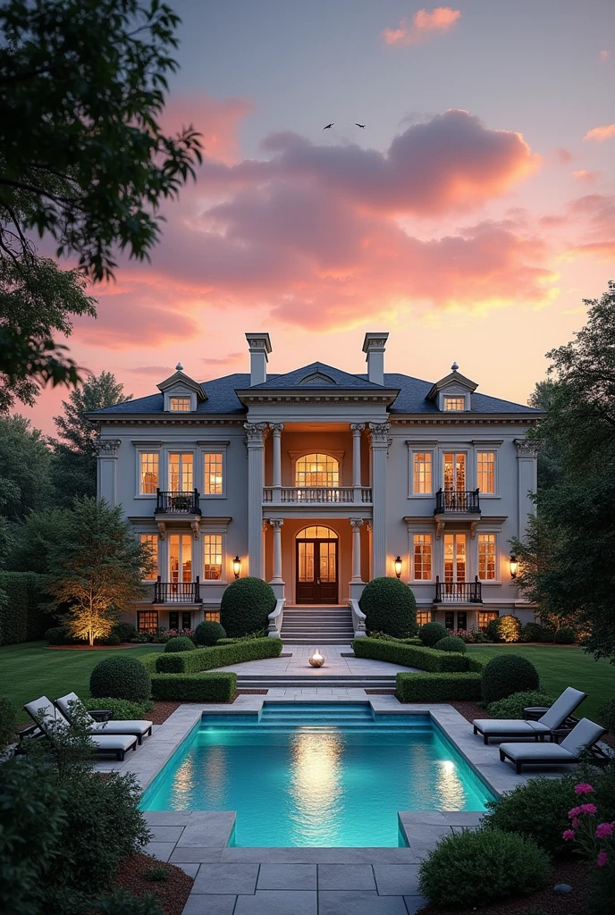 A high standard house. Luxurious house with swimming pool and a well-kept garden with a beautiful sunset. A house that makes anyone who wants to buy a house want to buy it. A realistic image. In 1920px by 650px format
