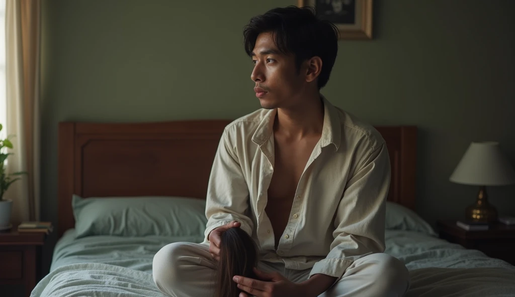 A 30 year old Cambodian man is holding a long hair and he looks at right and he sitting on his bed (he wear pajamas)