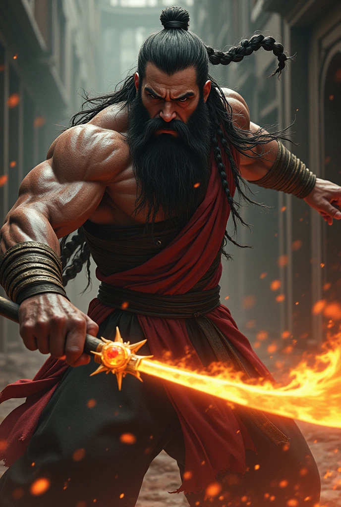 Anti-hero with kung-fu with Long Braid hair, beard, slightly muscular