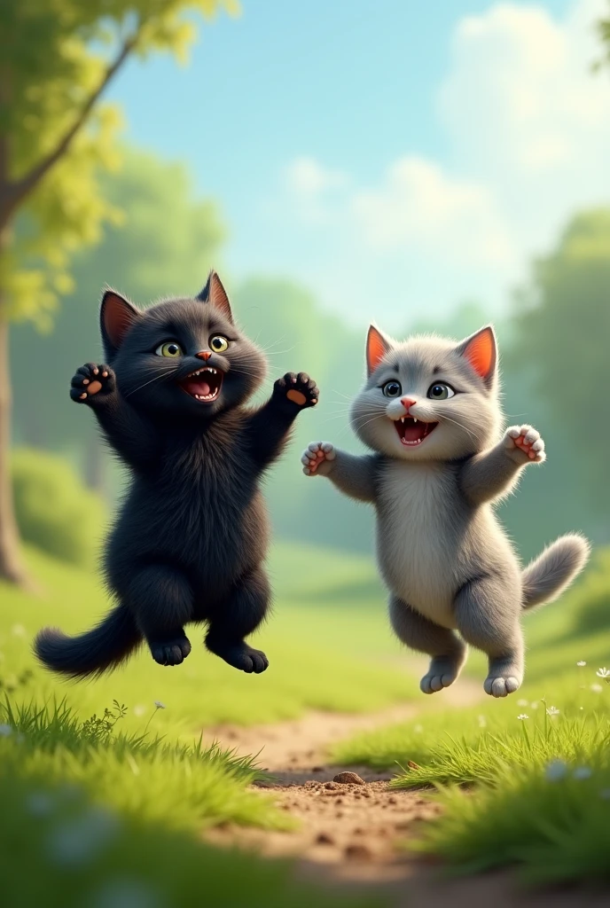 A natural environment. A cute shaggy black cat and a cute fat shaggy gray cat jump happily into the air