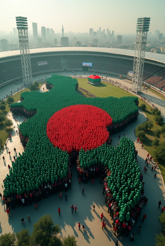 Bangladeshi map made with thousands people and every people carrying flag of Bangladesh Bangladesh city, stadium middle for Bangladesh flag, mast to be written for 3D letter, ((Bangladesh))