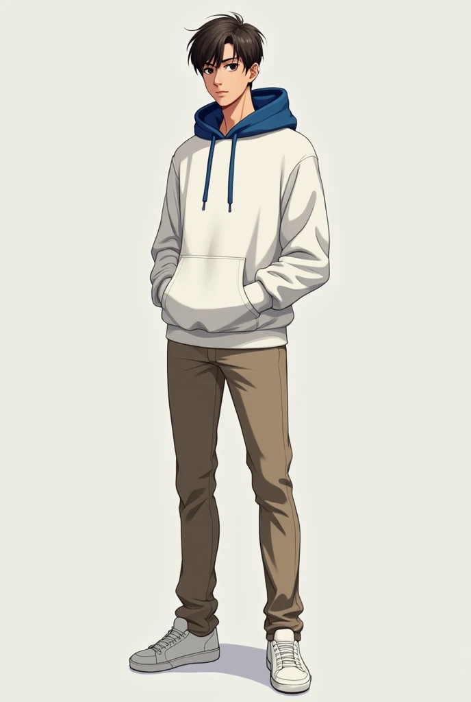 Shinichi is a tall young man, with short brown hair, and black eyes. He wears a white sweat jacket with a blue hood, khaki pants, and white shoes.