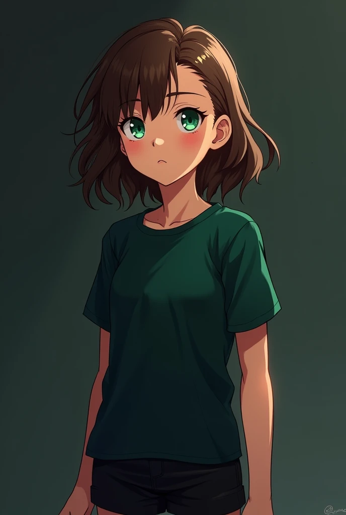 a young teenager, called Akira, beautiful face, brownhair, greeneyes, , wearing a basic dark green t-shirt, short preto, "semi-realistic anime style, the king of fighters" 8k dynamic pozes, black backdrop,