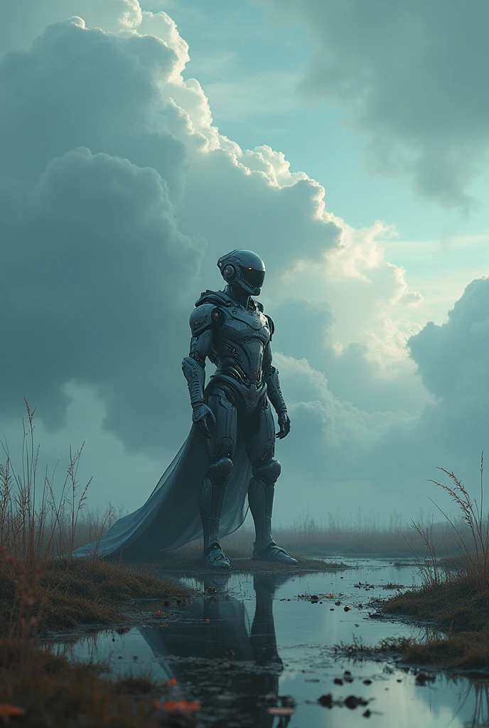 Unbeatable masterpiece, photo realsisim, Perfect artwork, Intricate details, Best quality, Strong light, High contrast, Cyberpunk, Quantum punk, Nano punk, (Machinary:1.4)(Masterpiece) , (Best quality) , (extremely detailed wallpaper CG unity 8k) , (best character detail:1.36), marshes, Oppressive skies, white clouds , (delicated lines:1.24), ([Specular reflection water]:1.37) , (fantasy) , cumulonimbus clouds , (The oppressive atmosphere of the host:1.14) , (Cold light:1.2) , Color splatt