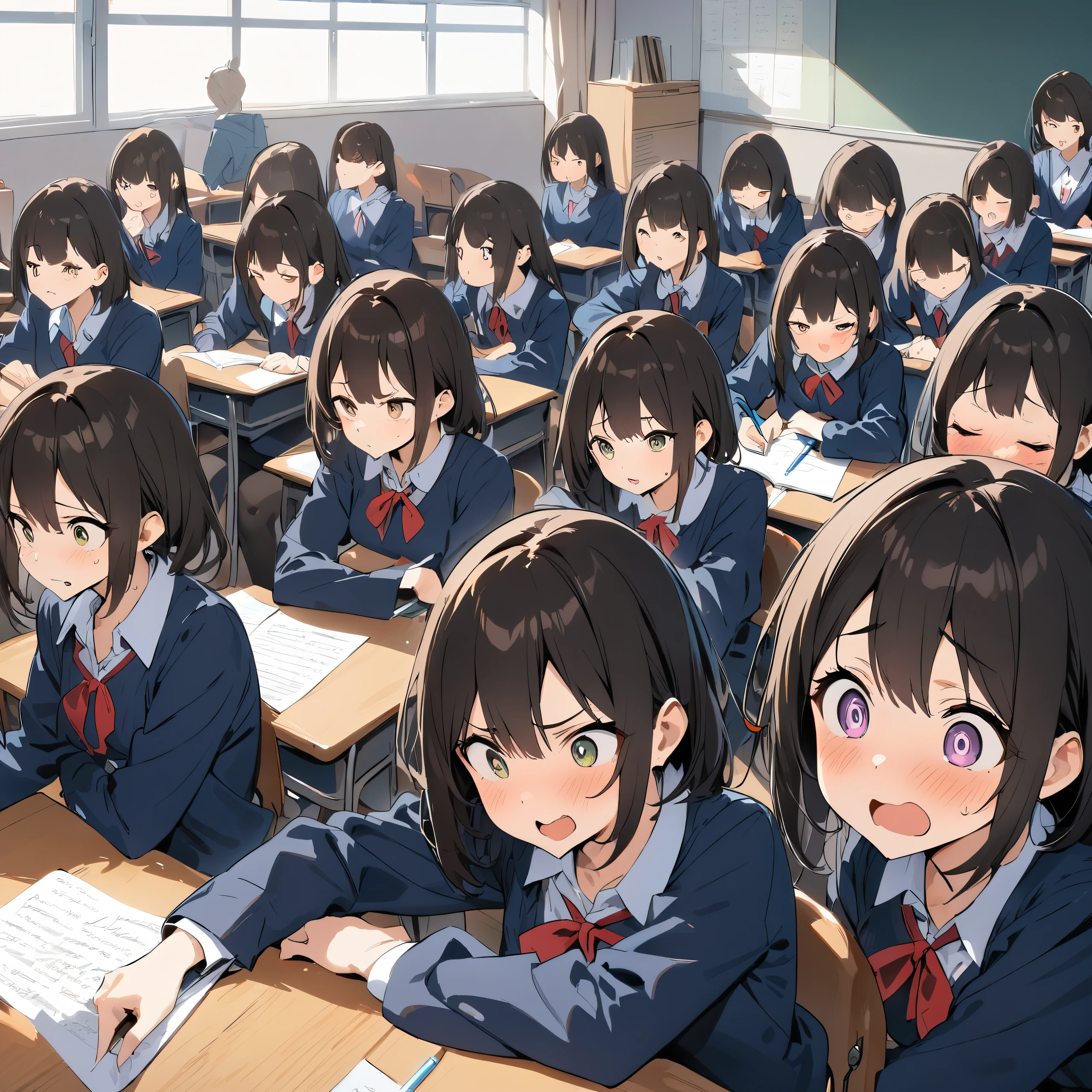 best qualityer, work of art, students sit in a row at their desks to take a written test, your desperate expressions