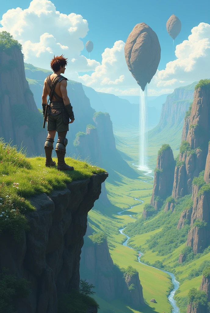 (uhd, masterpiece, anatomically correct, textured skin, super detail, high details, best quality, highres, 8k), An adventurer standing on a grassy cliff, Wearing light armor, Brown Hair, Hair that stands on end, Turning your back on the viewer, I can't see your face, The plain below the cliffs, Looking Down, Mr.々A land where fantasy creatures live, Several large and small rocks floating in the air, A waterfall flows down from the rocks