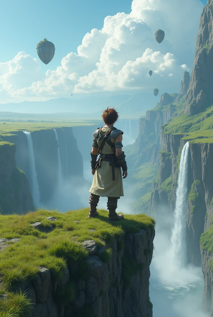 (uhd, masterpiece, anatomically correct, textured skin, super detail, high details, best quality, highres, 8k), An adventurer standing on a grassy cliff, Wearing light armor, Brown Hair, Hair that stands on end, Turning your back on the viewer, I can't see your face, The plain below the cliffs, Looking Down, Mr.々A land where fantasy creatures live, Several large and small rocks floating in the air, A waterfall flows down from the rocks