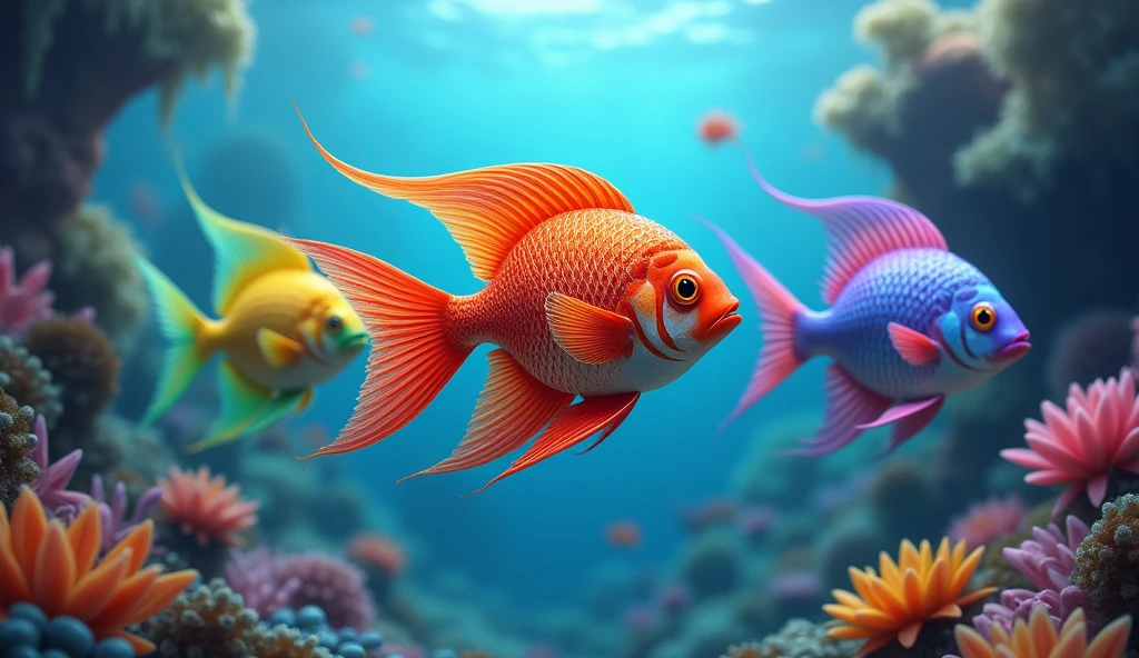(photorealism: 1.5), 3 colorful fish , rainbow color, bright color, red yellow green blue purple pink