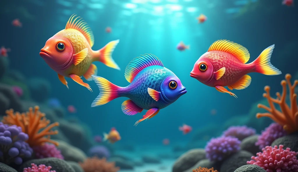 (photorealism: 1.5), 3 colorful fish , rainbow color, bright color, red yellow green blue purple pink