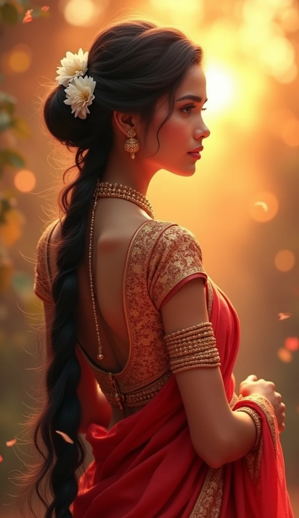 gracefully in a red and gold silk saree, with long black hair tied in a bun, adorned with jasmine flowers. She wears gold jewelry, including bangles and a necklace in background beautiful sun