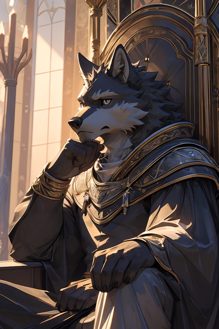 best quality，Ultra HD，Second Dimension，Close perspective，Upper Body，The most exquisite eyes［The most exquisite eyes：2.1］，Sitting on the throne in the luxurious palace，Male gray wolf，Physical fitness，Serious expression，There are many black scales on the hands，Black eyes，White clothes，Silver Armor
