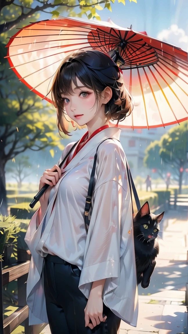 A Japanese woman wearing a white blouse and black pants and an American Shorthair cat　Holding a red umbrella in the park　it&#39;s raining　A woman and a cat are sheltering from the rain under the same umbrella in a rainy park　Watercolor art　A woman looking anxiously at a cat and a cat looking up at the woman