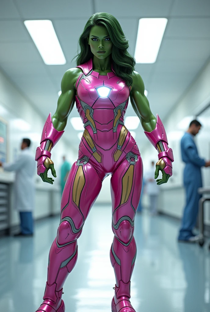 Imagine Female Hulk wear iron man Pink colour Costume in Side Hospital, Wide Angle View, full shirt doctor clothes