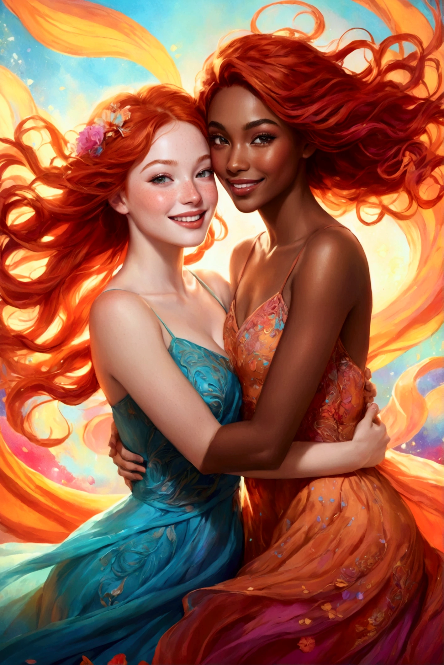 A beautifully detailed portrait of two joyful girls celebrating, their skin glowing with a vibrant, melting color palette, one with fiery red hair and freckles, the other with warm, rich brown skin, long eyelashes and full lips, both adorned in vibrant, flowing dresses, surrounded by a dreamlike, ethereal background of swirling, vibrant colors, masterfully rendered with a high level of detail and realism, soft lighting and a romantic, whimsical atmosphere.