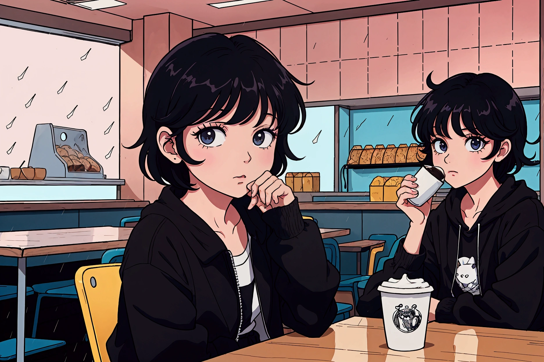 catboy, com orelhas de catboy, short black hair, with rain and relaxing, listening to music, com roupa preta, in town movimentada e chuvosa, with black clothes and darker colors, with black clothes and darker colors, with black clothes and darker colors, darker colors in the drawing. in town, in town, café, cafeteria, drinking coffee, anxiously waiting, com muitos detalhes in town ao fundo, 8 0 s anime vibe, 90s anime aesthetics, 90s anime style, 90s anime style, 90s anime art style, lofi girl, 80s anime art style, 80s anime style, 1980's anime style