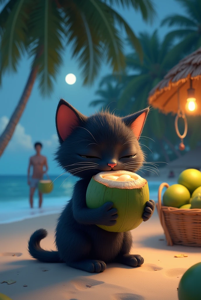 Black cute cat drinking coconut water at beach and enjoying, coconut seller coconut tree night time