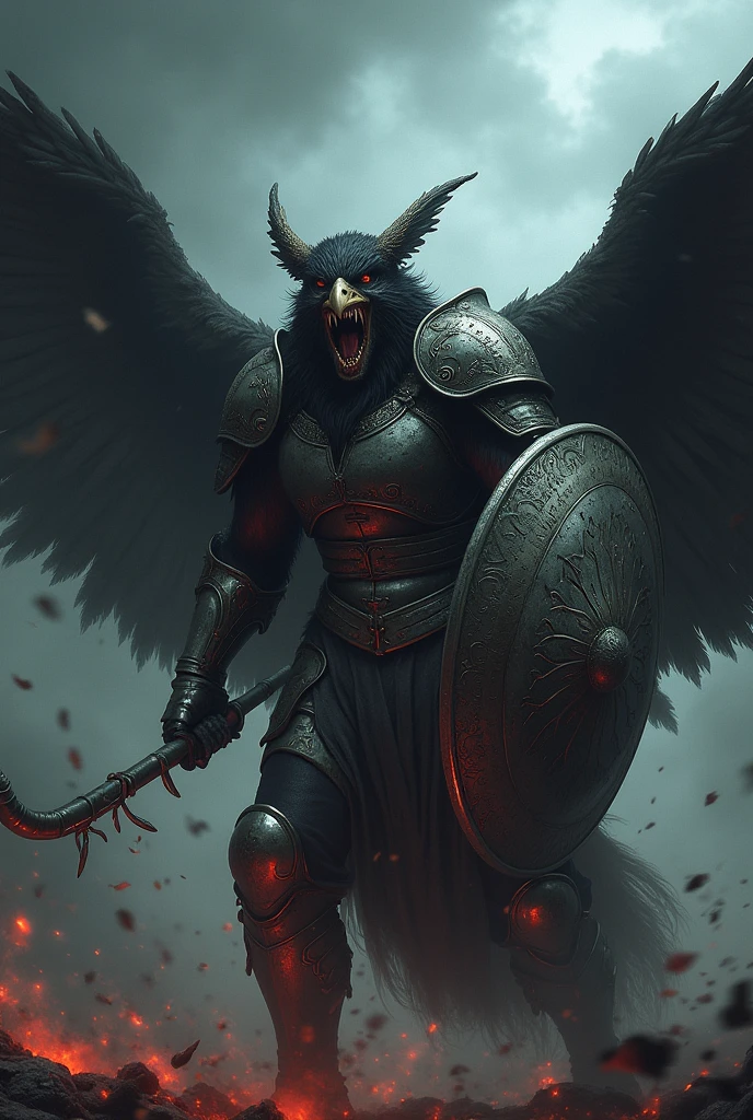 monstrous transformation in pain of an darker were eagle man for a full plate character who weilding a whip and a shield