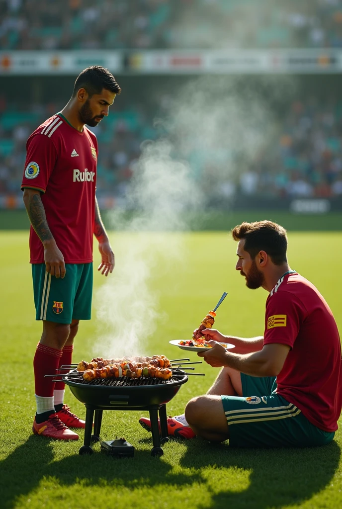 Ronaldo cooks kebabs on the football field mesi sitit na stull kushaet shishlik