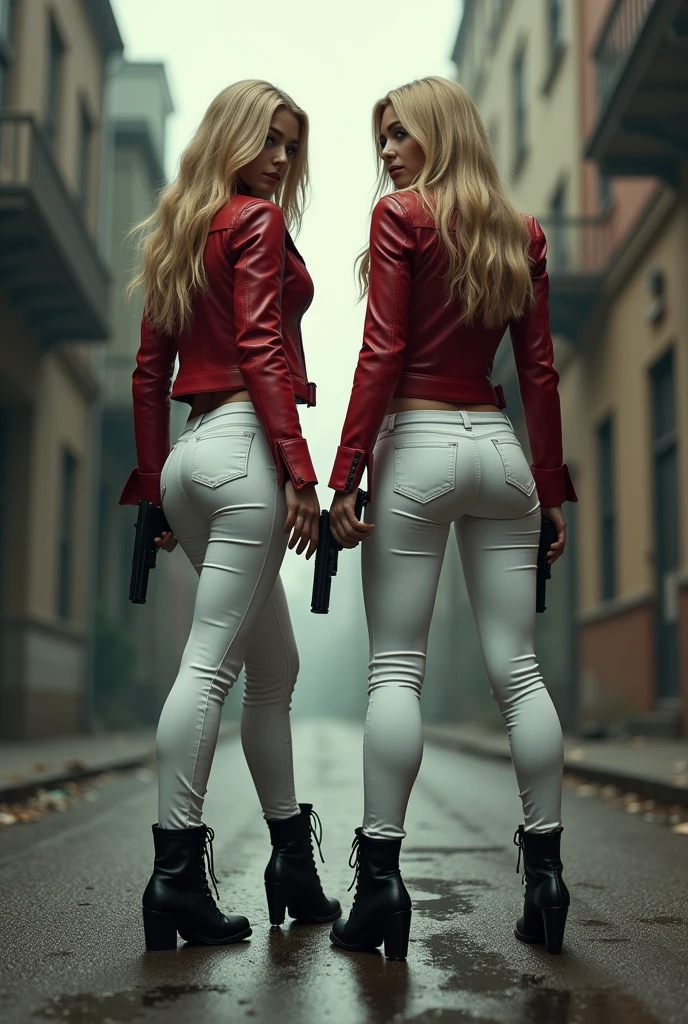 ( Photorealistic、Full live-action version、masterpiece、(Composition looking up from the ground、Express everything in minute detail))、2 female detective、Blonde Long Hair、Long legged police woman、((Standing with legs apart, Ultra low angle, Perfect perspective、Looking up at a beautiful girl)), Red leather jacket and shirt、Police Badge、Tight whitem、Black Leather Boots、Sexy leg lines、((Tower Beautiful Girl, Beautiful girl looking down))、Beautiful female detective、Desolate backstreets、(Holding a pistol with both hands、Active pose、They're pointing their guns at me.、Aiming for us)、((Everyone is showing their backs、Round beautiful butt))