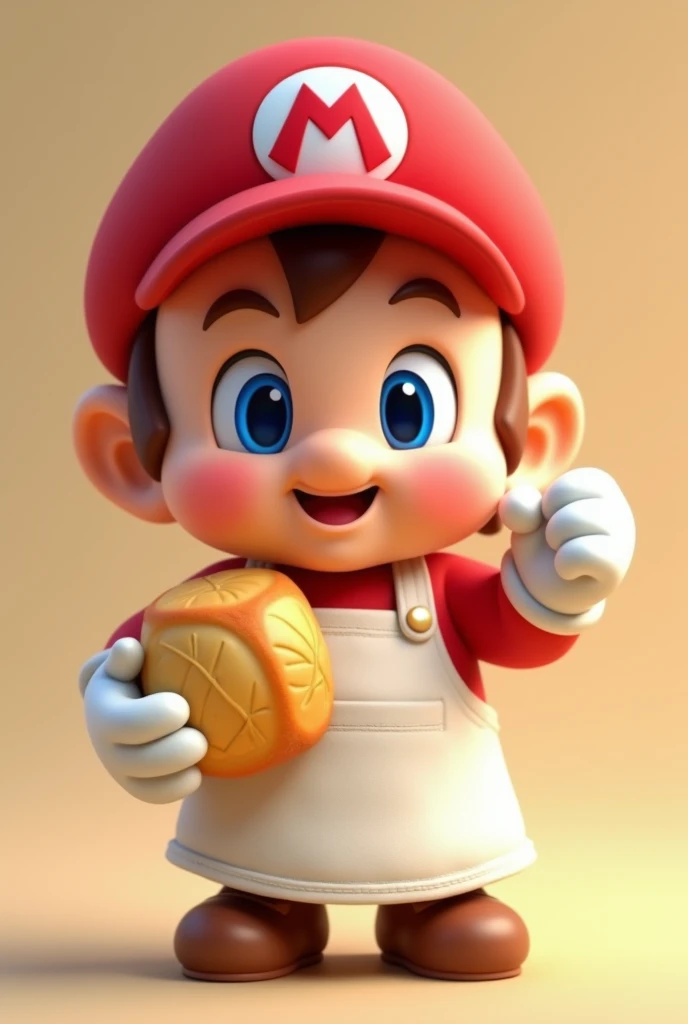 Cute Mario bros baby dressed as a chef with a white apron with a cassava bread in his hand without Luiggi