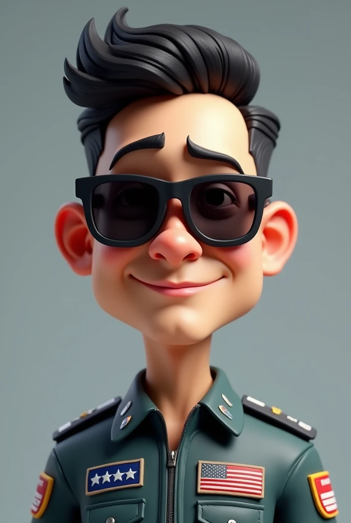 a young age indonesia man, a calm yet deep face like a typical family man, top gun jet fighter pilot uniform , using sun glasses, big head, 3d, short hair, portrait. grey background, 3d cartoon, caricature
