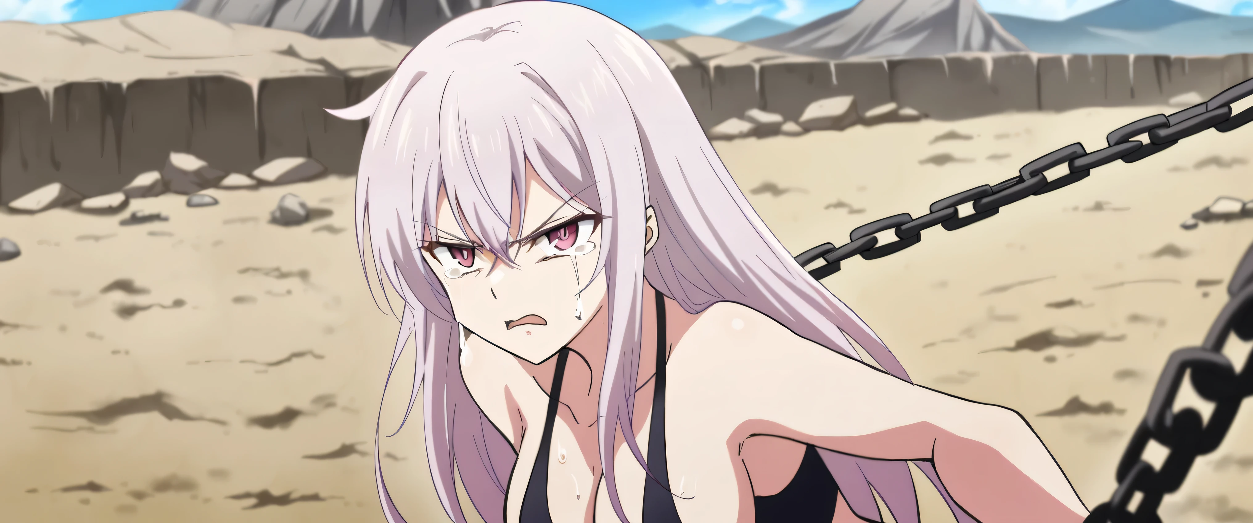 2 Demoness womens held by chains, both struggling crying, half exposed large breasts, angry looking at me, wasteland in background, anime style.