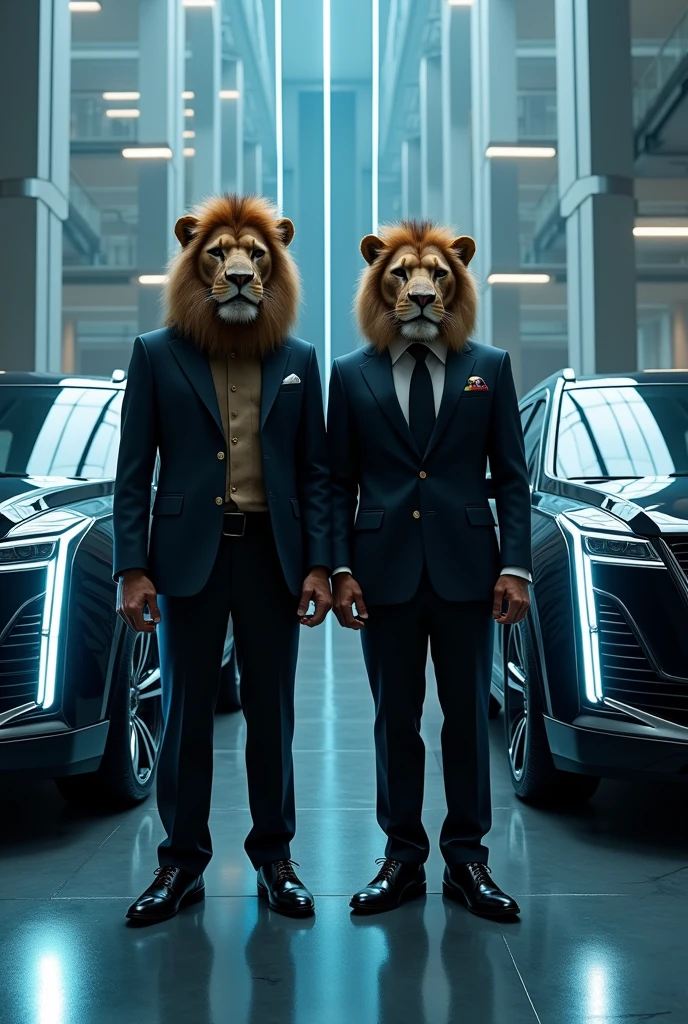 Two injured lions wearing classic suit, standing next to two black cadillac escalade 2024 with light blue lights next to high-tech penthouse
