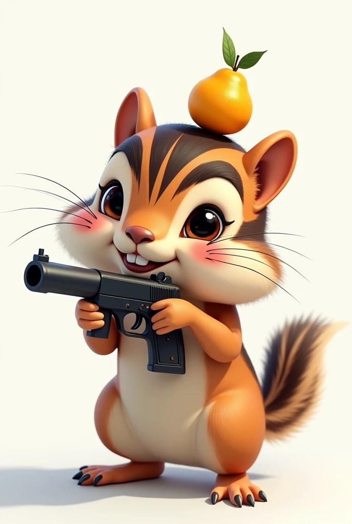 (masterpiece, best quality, ultra detailed, 8k, photorealistic, hyperrealistic photo), A girl chipmunk is riding with a gun, (A girl chipmunk has a small Yuzu fruit on her head), (The chipmunk has three lines of dark hair on its head.), (Girl chipmunks have pink cheeks), Background is white,