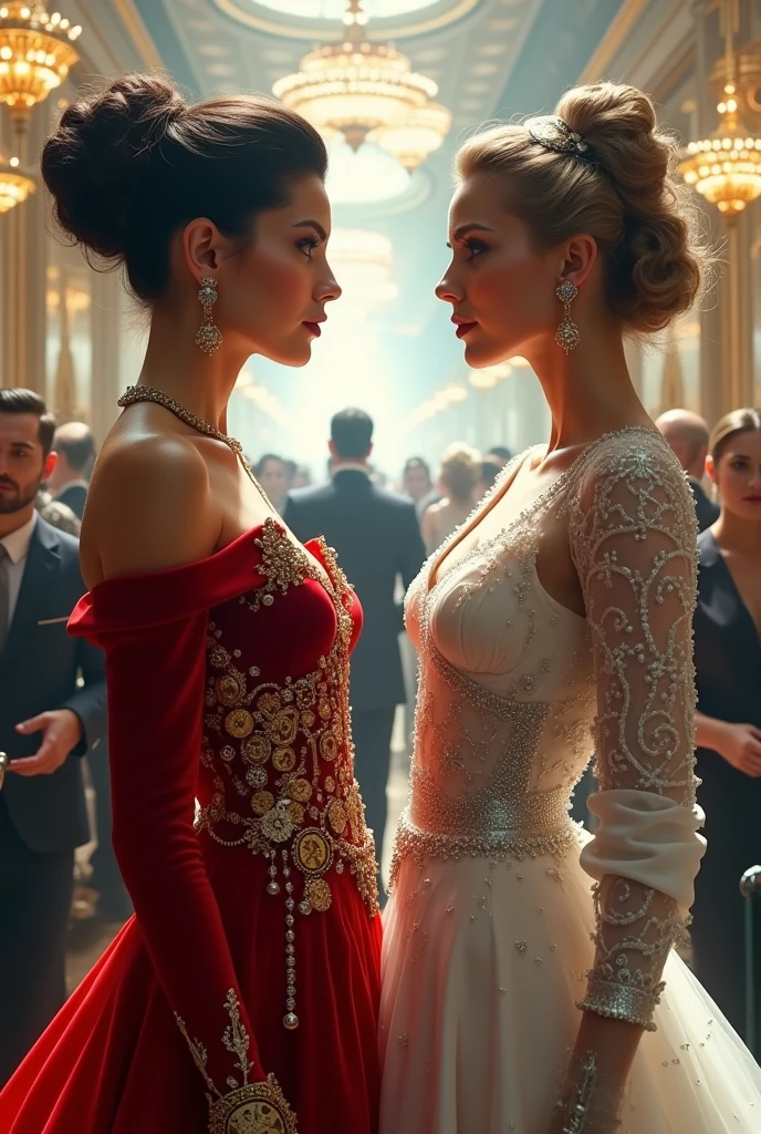A highly realistic and detailed visual depiction of a tense stand-off between Lady Vivienne d'Aurelis and Lady Ophelia d'Aurelis at the empire's annual charity event, set in a dieselpunk Imperial European theme. Lady Vivienne is dressed in a luxurious red velvet gown with intricate brass gears and cogs embroidered in gold thread, the train flowing behind her like liquid metal. Her dark hair is styled in an elegant updo adorned with subtle clockwork jewels, and she wears a poised, determined expression. Lady Ophelia is attired in a stunning white pearl-themed gown, with shimmering, iridescent fabric that seems to glow under the event's gas-powered lighting. Her gown is adorned with pearls and silver accents, interspersed with delicate pneumatic tubes, giving her an ethereal and coldly beautiful appearance. Her hair is styled in a sleek, modern twist with chrome accessories, and her expression is confident and calculating.
The background showcases the grandeur of the charity event with a dieselpunk twist. Opulent art deco decor is mixed with exposed pipework and brass fittings. Enormous zeppelin-shaped chandeliers hover overhead, powered by visible engines. Guests mingle in the distance, unaware of the silent battle of wills between the two women, their attire a mix of 1920s-inspired fashion and retrofuturistic elements. Servers carry trays of drinks that glow with an otherworldly light, while mechanical orchestras play haunting melodies. The art style is realistic, capturing the elegance, tension, and power dynamics of this pivotal moment, all while immersing the scene in a world where diesel technology and imperial grandeur coexist in a unique blend of past and future.