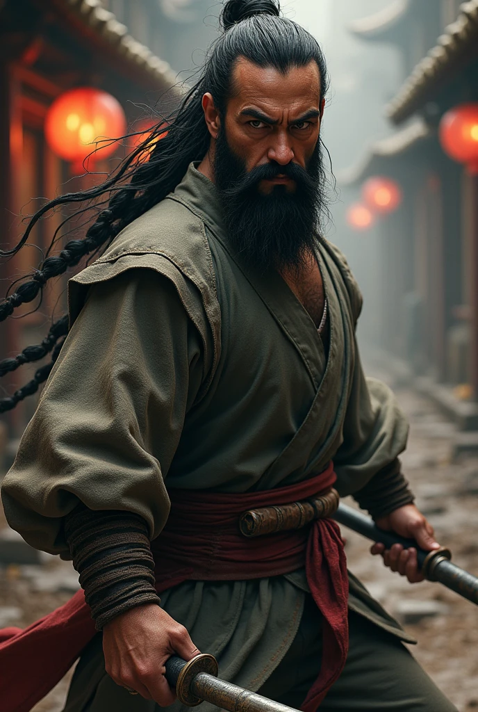 Anti-hero with kung-fu with Long Braid hair, beard, slightly muscular