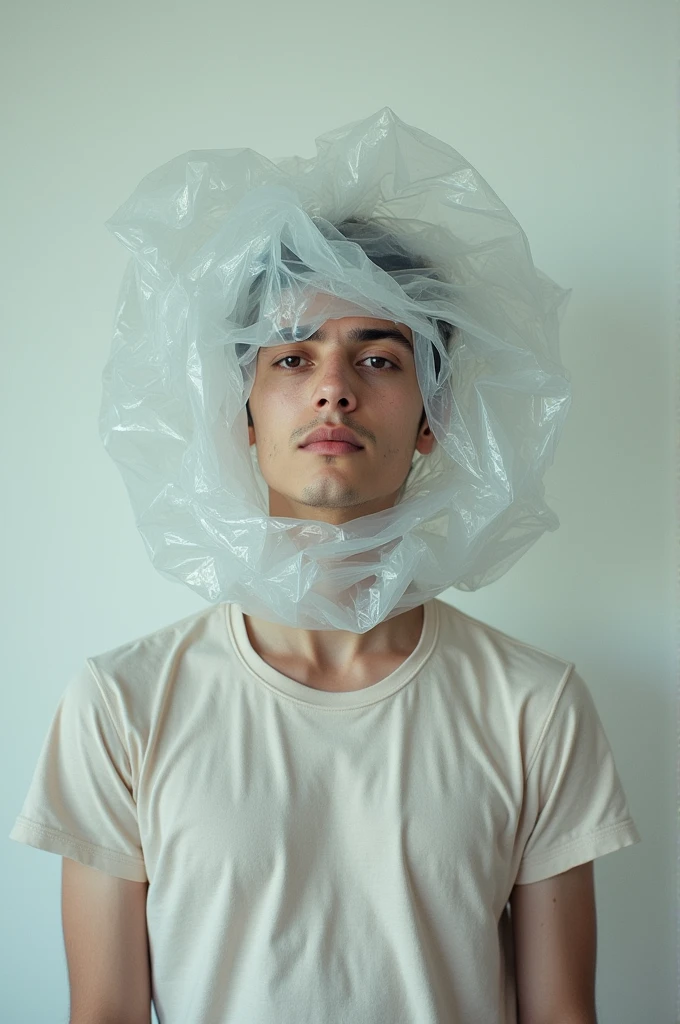 man wearing plastic bags in head
