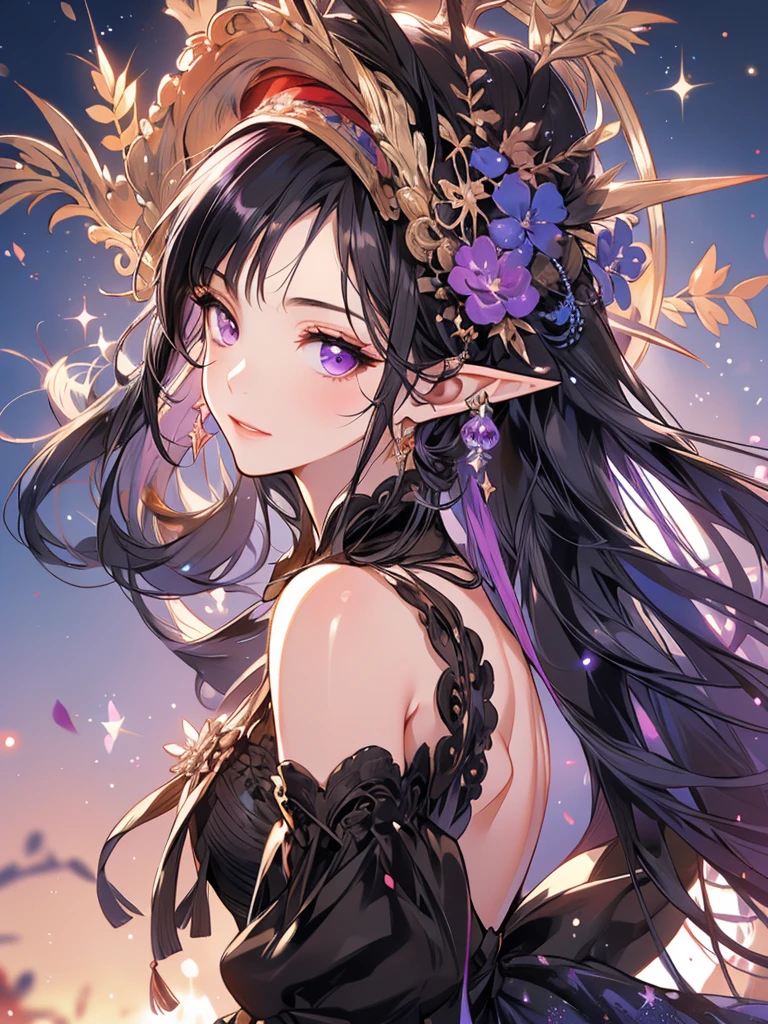 masterpiece, Highest quality, 1girl, Very detailed, Ultra-high resolution, Distinctive facial features, Anatomically correct, pretty girl, Long pointy ears, Fairy, Nice face,Black Hair, Purple eyes,one piece, black stocking,
