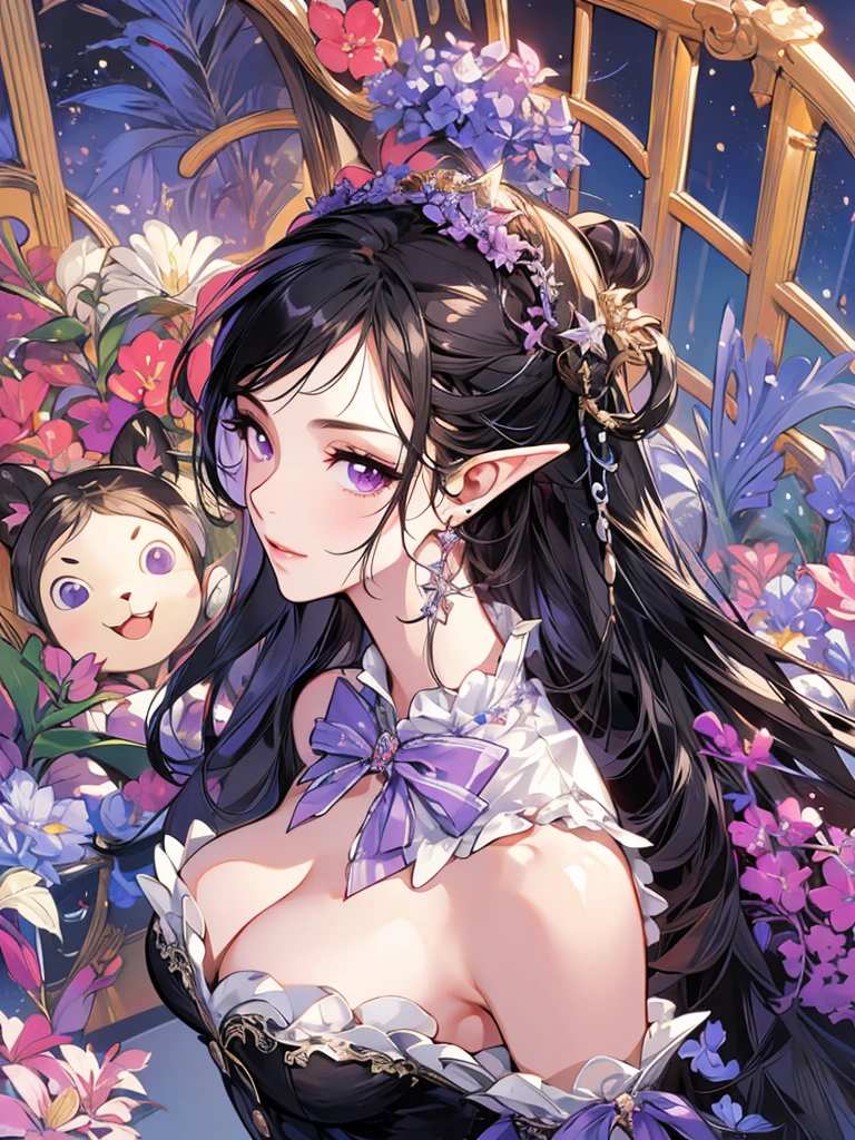 masterpiece, Highest quality, 1girl, Very detailed, Ultra-high resolution, Distinctive facial features, Anatomically correct, pretty girl, Long pointy ears, Fairy, Nice face,Black Hair, Purple eyes,one piece, black stocking,
