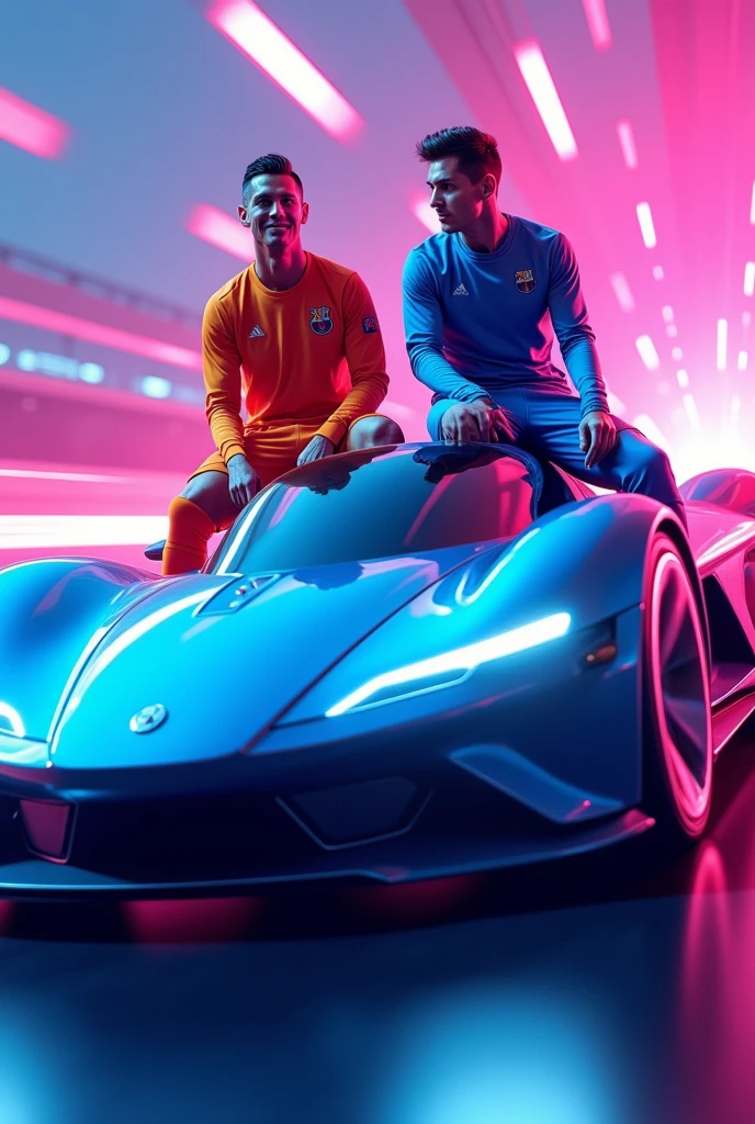 Ronaldo and Messi are sitting on a gleaming, fast-moving car. The design of the car is futuristic and attractive, with bright 3D background colors. The color of the car is metallic blue, which matches with the purple shades of the background, creating a unique and eye-catching effect. Ronaldo and Messi are both comfortably sitting on top of the car, with confident smiles on their faces. Their clothes are bright and modern, which perfectly matches the car and the background, YouTube banner art