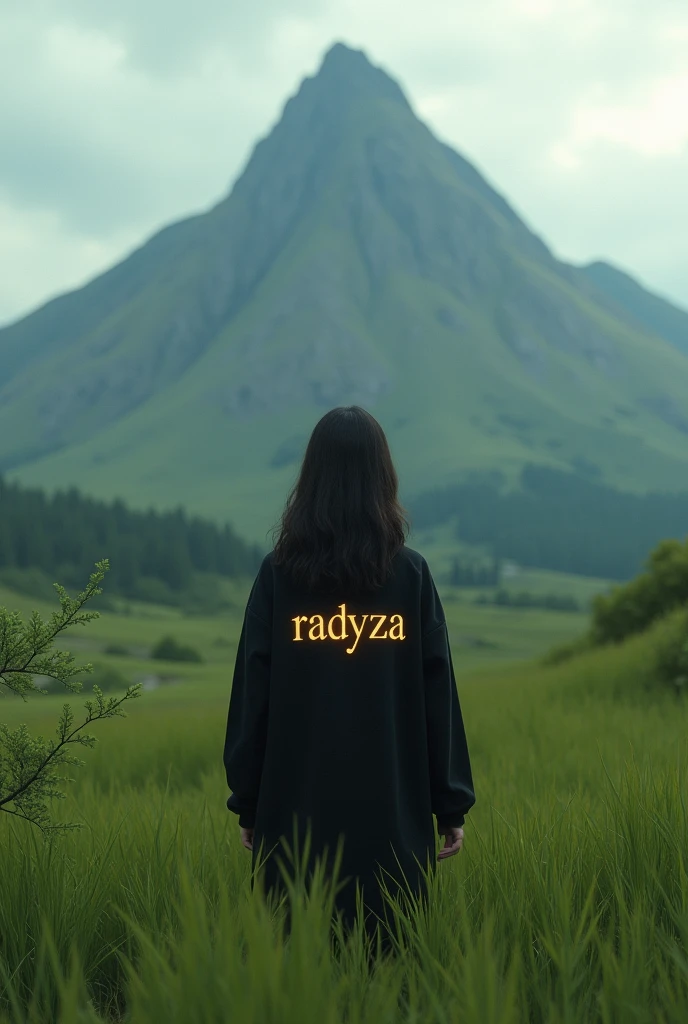A girl stands on a highland covered with lush green grass, her back facing the camera. She is wearing a black hoodie that contrasts with the natural surroundings. On the back of her hoodie, there is a luxurious golden inscription that shines, spelling out "RADYZA." The text stands out, as if radiating elegance amidst the serene landscape. In the distance, a tall mountain rises majestically, seen from the girl's perspective. At the base of the mountain, a faint line of words can be seen, spelling "STARMAKER" in white, with letters designed in a horror theme, adding a sense of mystery. The girl gazes at the mountain with admiration, while both her arms are stretched out towards the sky, as if she is embracing the grandeur of the nature spread out before her.